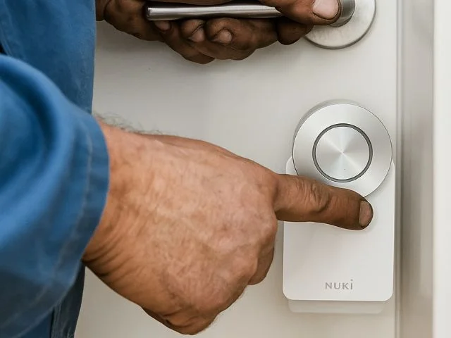 Cerrajero instalando una cerradura de alta seguridad en puerta blindada, compatible con Nuki Smart Lock