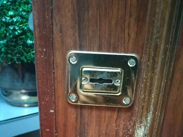 Placa protectora de latón para cerradura de seguridad instalada en puerta de madera, ideal para reforzar la protección contra intentos de robo, con servicio profesional de apertura y cambio de cerraduras en Madrid.